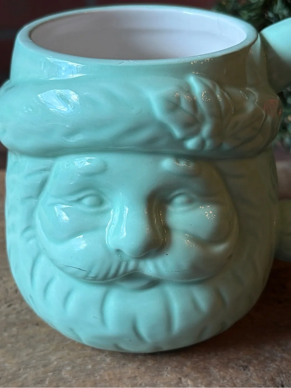 Sleigh Bell Bistro Mint Green Santa Face Ceramic Christmas Coffee Mug 20 oz EUC